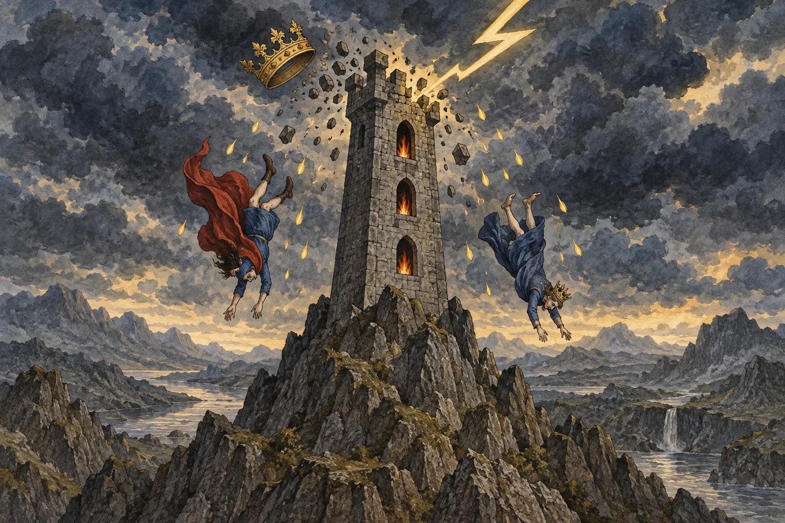 Lightning strikes a stone tower above a rocky valley, dislodging a golden crown as two clothed figures fall beside three burning windows.