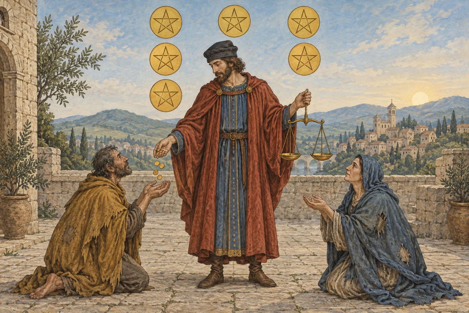 A red-cloaked merchant gives coins to a kneeling man while holding two-pan scales; a second recipient kneels at right beneath six golden star discs.