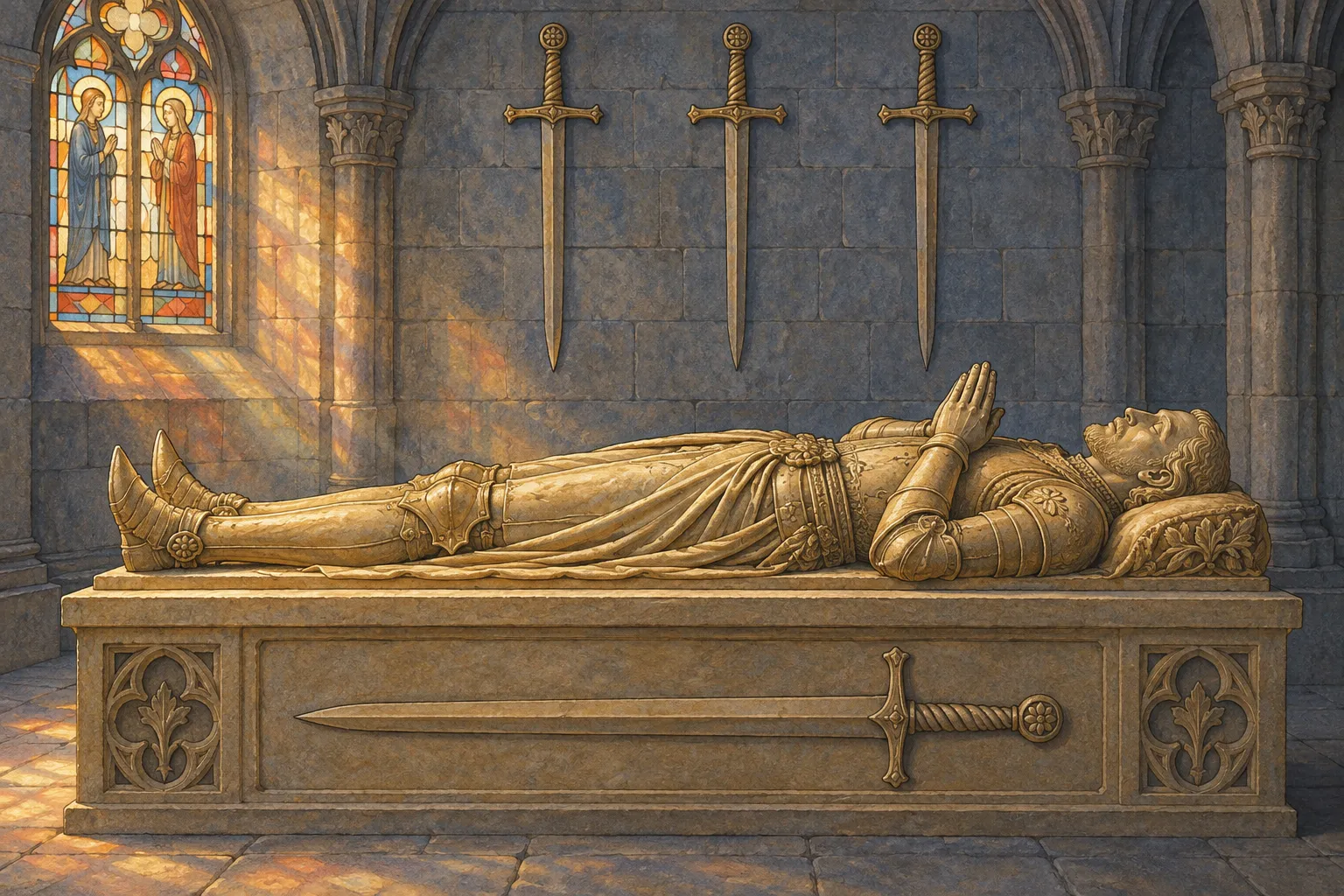A golden knight effigy lies with hands in prayer beneath three downward-pointing swords; a fourth sword spans the tomb below a stained-glass window.