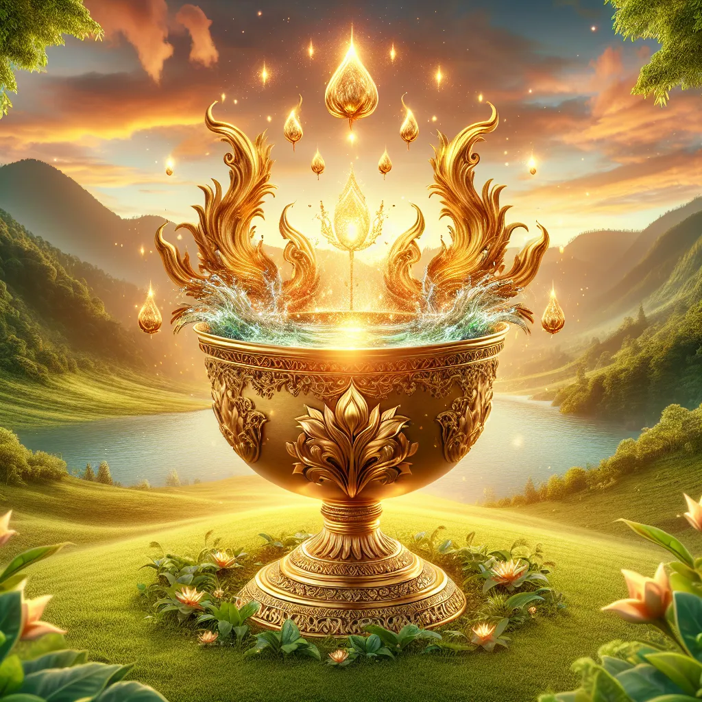 Generate an image showcasing a beautifully ornate golden chalice or cup overflowing with clear, shimmering water. The cup is enveloped by bursts of warm light, symbolic of joy and tranquility. The backdrop features a serene landscape of gentle hills bathed in the glow of a dazzling sunrise, epitomizing fresh starts and optimism. The area encompassing the cup boasts lush verdant greenery, reflective of creativity and emotional satisfaction.