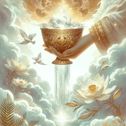 Create a serene and mystical illustration of the Ace of Cups tarot card. The image should feature a hand emerging from a cloud, holding an ornate, golden chalice that is overflowing with water. The overflow creates a shimmering cascade of water reminiscent of a tranquil waterfall. Surrounding the chalice are delicate white lotuses and symbolic imagery of peace and love. The background should be a soft, ethereal sky with gentle light illuminating the scene, evoking a sense of emotional fulfillment and spiritual abundance.
