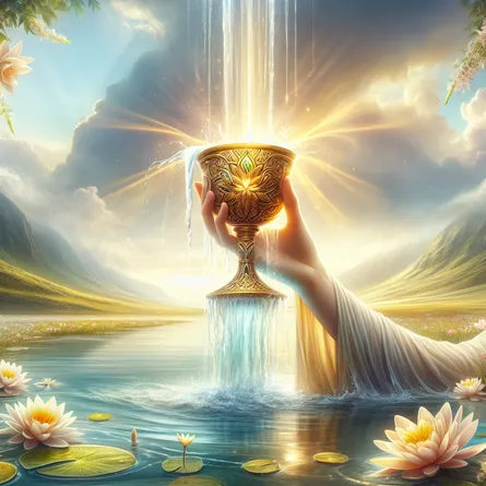 An ethereal hand emerges from a tranquil lake, gracefully holding a golden chalice decorated with intricate designs. Water overflows from the cup, transforming into vibrant cascading waterfalls. Surrounding the hand are delicate lilies and radiant beams of sunlight shining through a serene sky, evoking a sense of peace and emotional renewal. In the background, gentle hills and a soft-focus, lush landscape offer a harmonious setting, capturing the essence of new beginnings and boundless creativity.