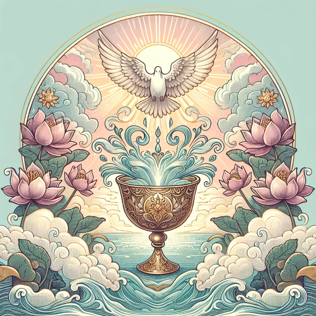 Create an intricate and mystical illustration of the Ace of Cups tarot card. Show a single ornate cup overflowing with water, surrounded by blooming lotus flowers. Above the cup, a radiant dove descends, symbolizing peace and purity. The background features a serene, sunset-lit horizon with soft clouds and a gentle, flowing river, emphasizing themes of emotional abundance and new beginnings. The overall color scheme should be soothing, with pastel blues, pinks, and gold accents, creating a tranquil and inspiring atmosphere.