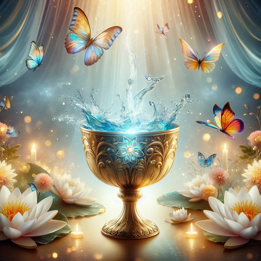 Create a serene and mystical image of a radiant golden chalice overflowing with sparkling water. In the background, a soft, ethereal glow envelops the scene, symbolizing new beginnings and emotional abundance. Surround the chalice with delicate, translucent water lilies and vibrant, colorful butterflies, conveying a sense of rejuvenation and joy. Use a calming color palette with shades of blue, gold, and soft white to enhance the mood of tranquility and hope.