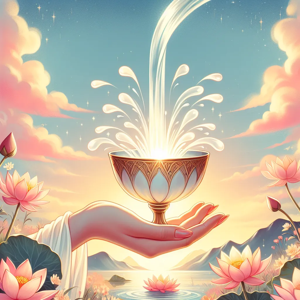 Create a digital illustration of the Ace of Cups from the tarot deck. Show a radiant, overflowing cup held by an elegant hand, with water cascading down in a graceful arc. Surround the cup with lush lotus flowers symbolizing purity and enlightenment. The background should be a serene landscape at dawn, with soft pastel hues of pink and orange illuminating the sky. The overall mood is one of emotional abundance, potential, and spiritual awakening.