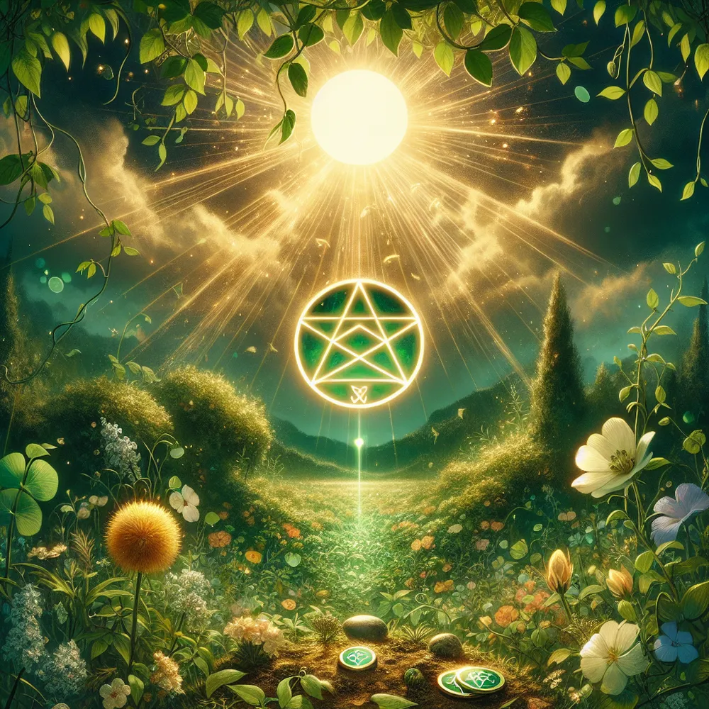 Create an ethereal illustration of the Ace of Pentacles tarot card. The scene should depict a lush garden under a golden, radiant sky. In the center, a single glowing pentacle floats above a vibrant green landscape, symbolizing prosperity and new beginnings. The garden is surrounded by delicate vines and blooming flowers, capturing the sense of possibility and growth. Include subtle elements of earthiness and grounding, such as small stones or rich soil in the foreground, to emphasize the card's essence of potential and material opportunity. The atmosphere should be serene and hopeful.