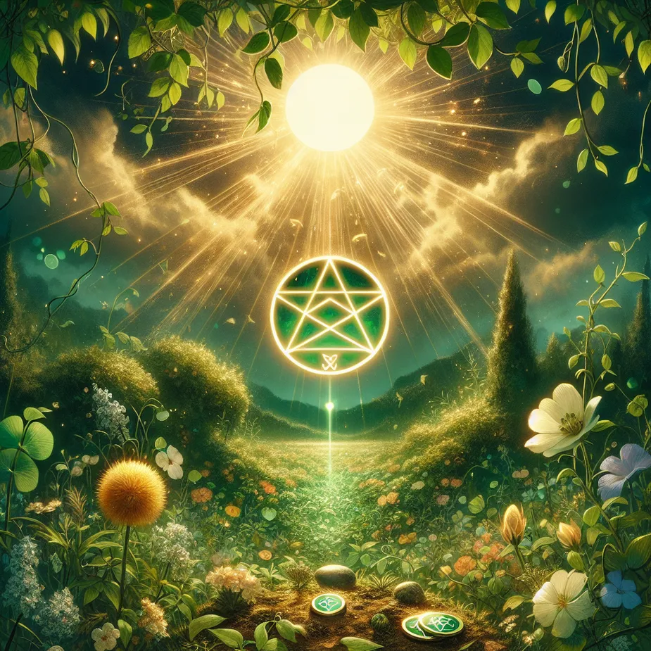 Create an ethereal illustration of the Ace of Pentacles tarot card. The scene should depict a lush garden under a golden, radiant sky. In the center, a single glowing pentacle floats above a vibrant green landscape, symbolizing prosperity and new beginnings. The garden is surrounded by delicate vines and blooming flowers, capturing the sense of possibility and growth. Include subtle elements of earthiness and grounding, such as small stones or rich soil in the foreground, to emphasize the card's essence of potential and material opportunity. The atmosphere should be serene and hopeful.