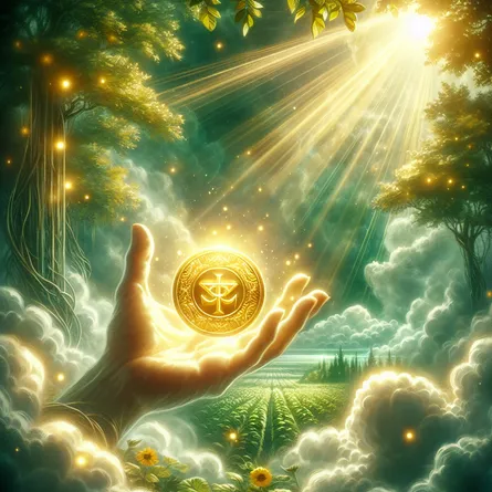 Create an elegant and mystical image of the Ace of Pentacles from the tarot. The scene should feature a hand emerging from ethereal clouds, holding a single, golden pentacle that glows with possibilities. In the background, a lush, green garden symbolizes growth and prosperity, with sunlight streaming down to illuminate the pentacle. The ethereal clouds surround the hand, suggesting a mystical realm. The overall tone should be hopeful and inspiring, reflecting new beginnings and potential.