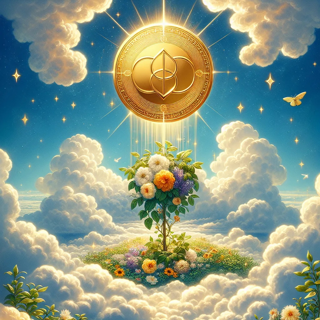 Visualize a shiny, golden pentacle emerging from a big, fluffy cloud set against a crystal-clear blue sky. This celestial scene is enhanced with blooming flowers and lush green vines right below, embodying abundance and symbols of fresh starts, taking cues from traditional tarot imagery. The illumination in the scene is gentle yet warm, highlighting the pentacle as an emblem of prosperity and possibility. Underneath the grandeur is a tranquil garden, subtly suggesting nurturing and growth, thus aligning with the optimistic spirit of the Ace of Pentacles.
