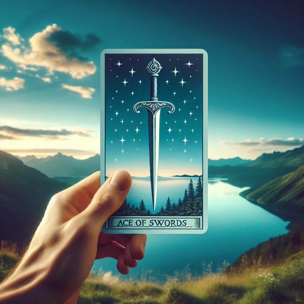 Craft a classic image of a tarot Ace of Swords card situated in a tranquil, serene setting. Visualize a sharp, shining sword held aloft, its point directed towards the open, azure sky. This imagery captures the essence of clarity, intellect, and power that this card is traditionally associated with.
