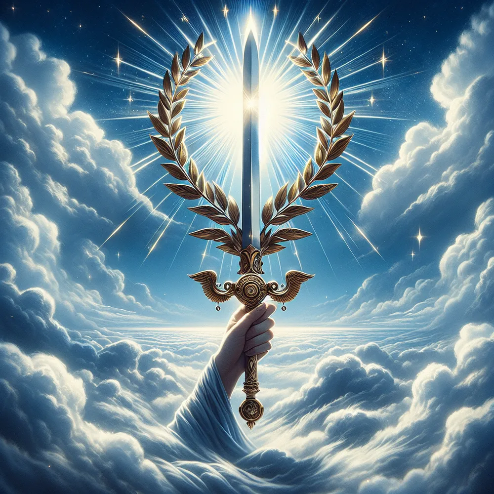 Create an artistic portrayal of the Ace of Swords tarot card: a mystical hand emerges from a cloud, holding a gleaming sword crowned with laurel leaves, set against a serene blue sky. Include symbolic elements of intellect and clarity, such as rays of light emanating from the sword and subtle motifs of victory and truth. The scene reflects a blend of classical tarot imagery and ethereal fantasy art.