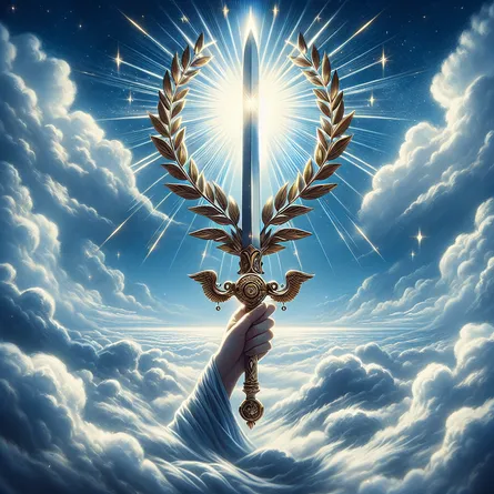 Create an artistic portrayal of the Ace of Swords tarot card: a mystical hand emerges from a cloud, holding a gleaming sword crowned with laurel leaves, set against a serene blue sky. Include symbolic elements of intellect and clarity, such as rays of light emanating from the sword and subtle motifs of victory and truth. The scene reflects a blend of classical tarot imagery and ethereal fantasy art.