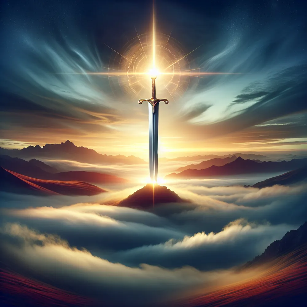 Create an image of a majestic, glowing sword standing upright on a mountaintop at dawn, the blade cutting through swirling mists. The backdrop is a sky transitioning from night to a vibrant sunrise, symbolizing clarity and revelation. Light emanates from the sword, illuminating the surrounding landscape with a golden hue, suggesting insight and truth. The scene is serene yet powerful, embodying the essence of the Ace of Swords in a classical tarot style.