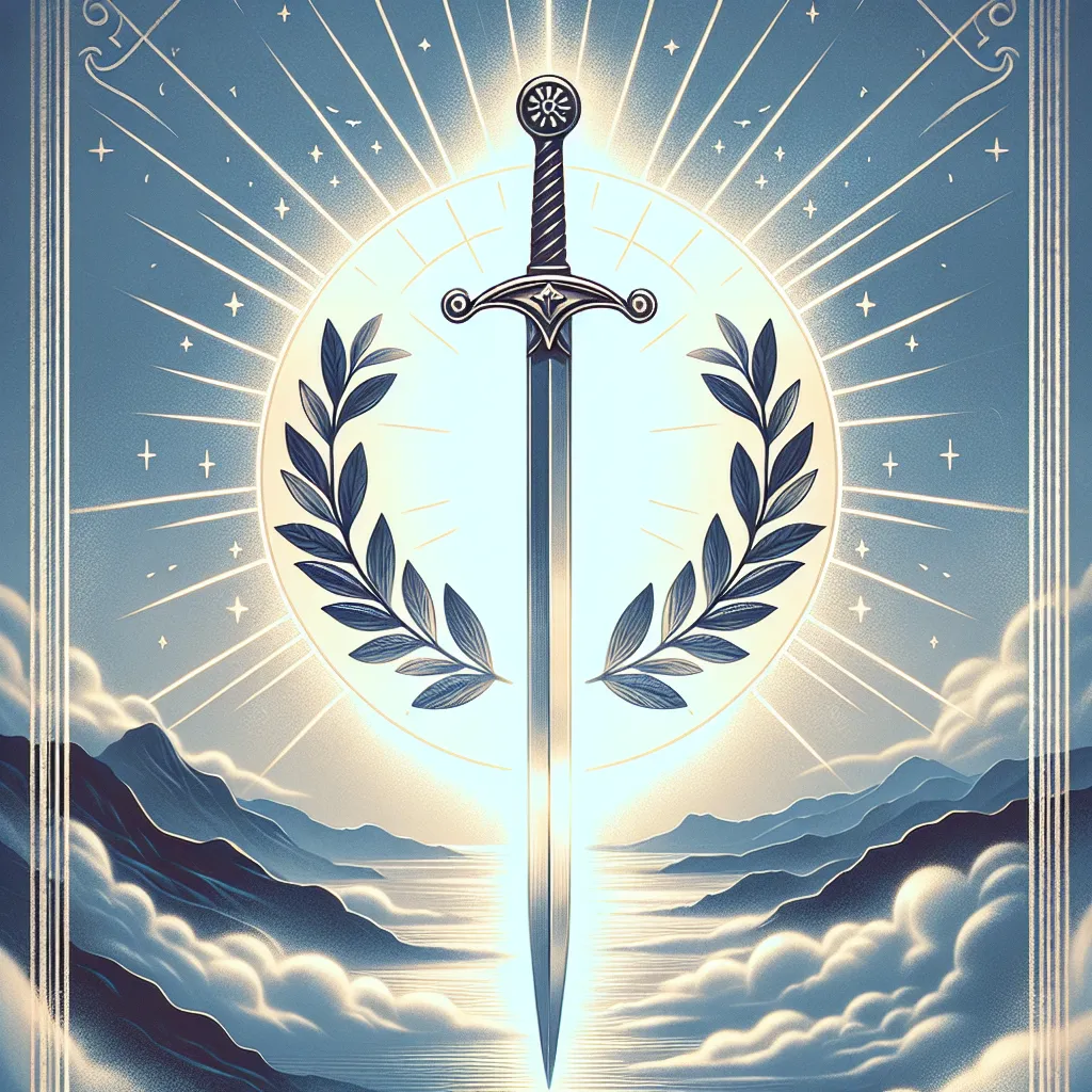 Create a visually striking tarot card illustration of the Ace of Swords. The image should feature a majestic, upright sword piercing through a bright, clear sky. Around the sword's hilt, incorporate elements like a laurel wreath symbolizing victory and an olive branch signifying peace. The background should include a faint, ethereal landscape of mountains in the distance, representing clarity and insight. Add subtle, mystical lighting to emphasize the symbolism of enlightenment and cutting through confusion.