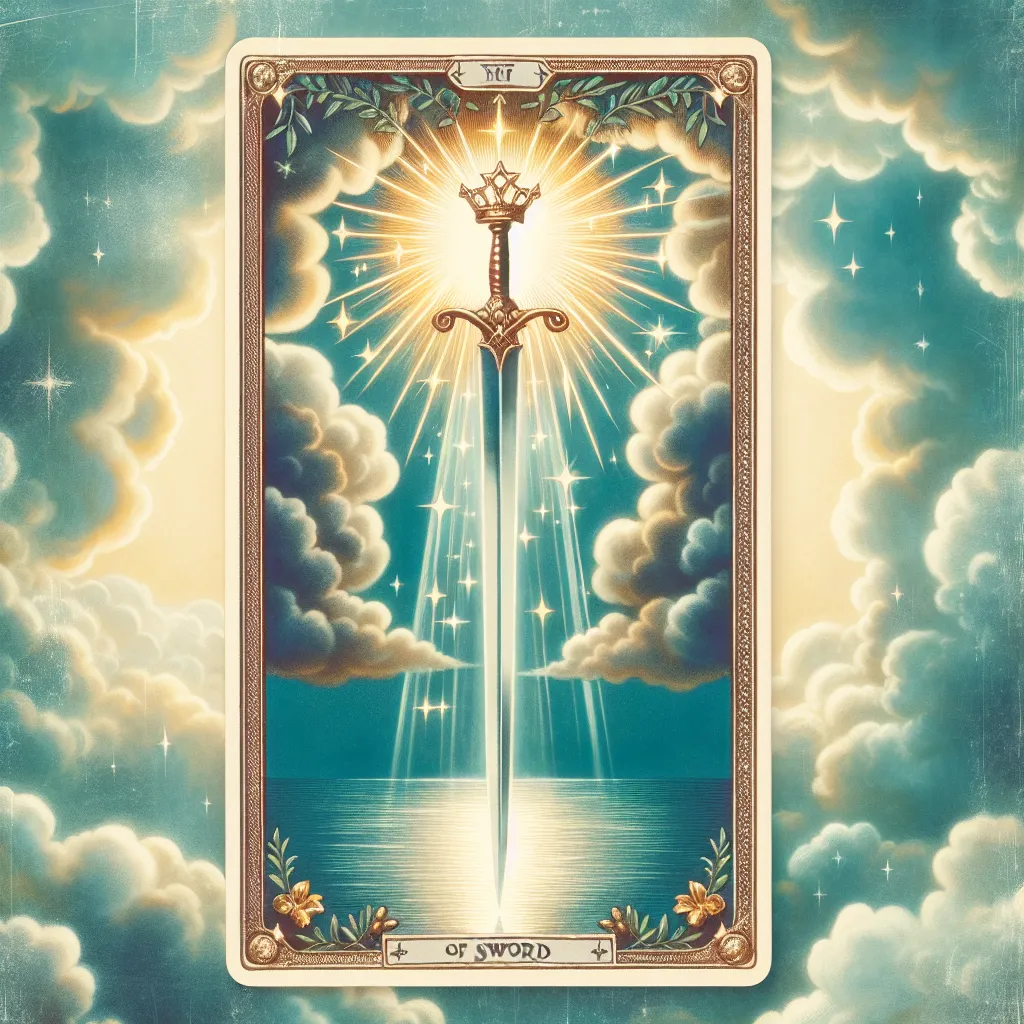 Create an image of the Ace of Swords tarot card. The scene features a single upright sword piercing through an illuminated cloud, symbolizing clarity and truth. The sword's blade glistens sharply, reflecting a radiant light that cuts through darkness. In the background, ethereal clouds part to reveal a clear sky, embodying a sense of revelation and insight. The card includes a crown hanging from the tip of the sword, adorned with laurel and olive branches, representing victory and peace. The style should evoke a sense of mystical and classical tarot imagery, with vibrant colors and intricate details.