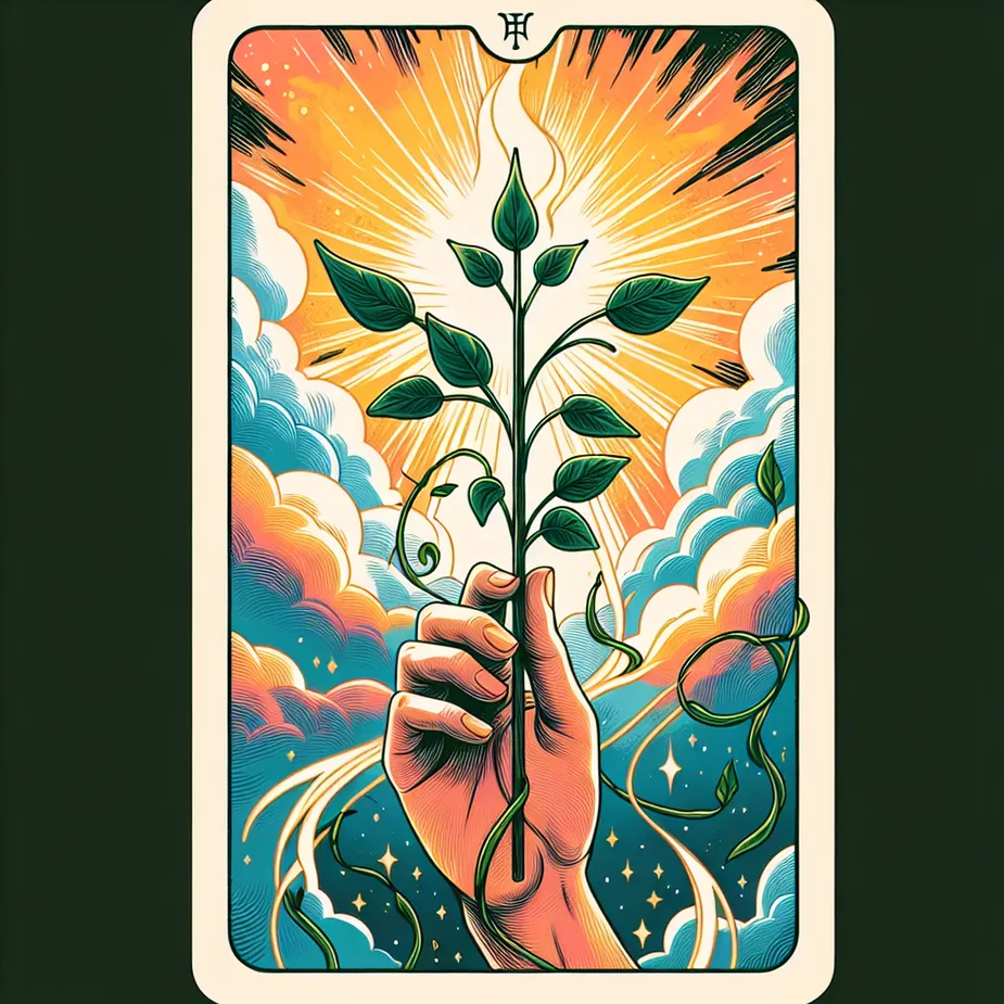 Create an illustration of the Ace of Wands tarot card. Focus on a dynamic scene where a hand emerges from a cloud, holding a sprouting wand with vibrant green leaves. The background should feature a bright, fiery sky to symbolize creativity and inspiration. Add subtle elements of natural growth, like vines or small flowers, sprouting from the wand itself. Ensure the image conveys a sense of new beginnings and energetic potential, capturing the essence of a fresh start and unlimited possibilities.