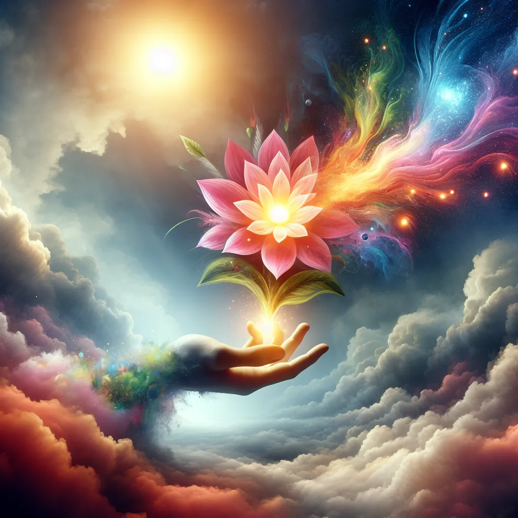 Create an image of a mystical and ethereal hand emerging from a cloud, holding a vibrant and blossoming wand. The wand should radiate energy and creativity, with colorful flames and sparks emanating from it. The background is a serene, expansive sky with soft, swirling clouds illuminated by a golden, rising sun.