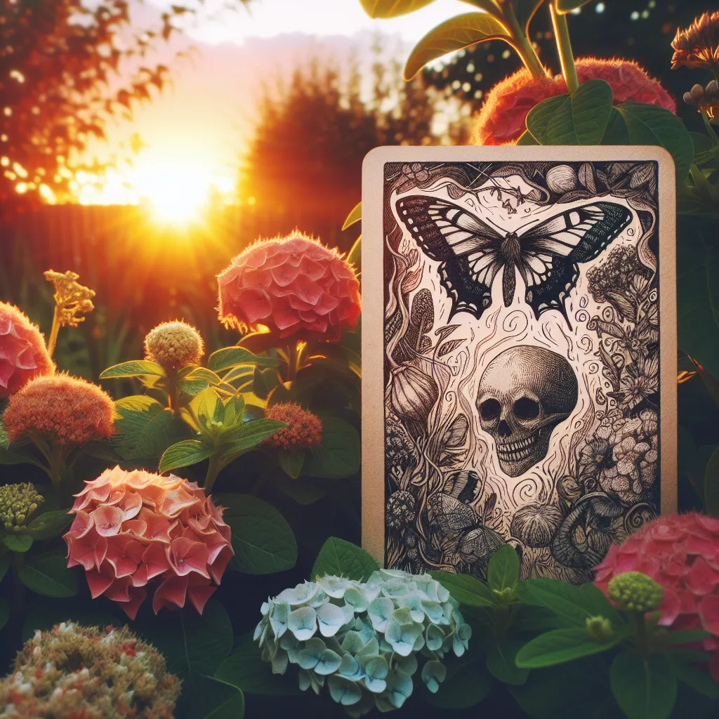 A hand-drawn image of the Death tarot card, resting amidst the flourishing flora of a vibrant garden to underline the cycle of life and death. An intricate representation of a butterfly gradually emerging from a cocoon, glowing under the warm hues of the late afternoon sky, symbolizes transition and rebirth. This image perfectly illustrates the concepts of transformation and perpetual life inherent in nature.