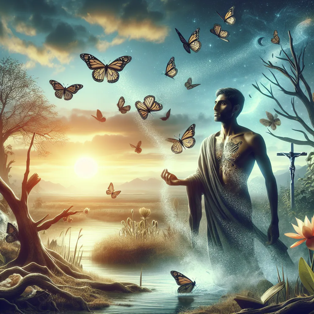An image showcasing a calm and resolute male figure of South Asian descent, standing amidst a tranquil landscape symbolising the idea of rebirth and transformation. He experiences a metamorphosis, with fluttering butterflies originating from him, depicting the concept of change and evolution. The scene also subtly incorporates elements representing the 'Death' tarot card; a sunset in the background that symbolizes endings and a new dawn, and a flower blooming near a fallen tree also suggesting renewal. The setting is filled with soft light giving it an ethereal atmosphere.