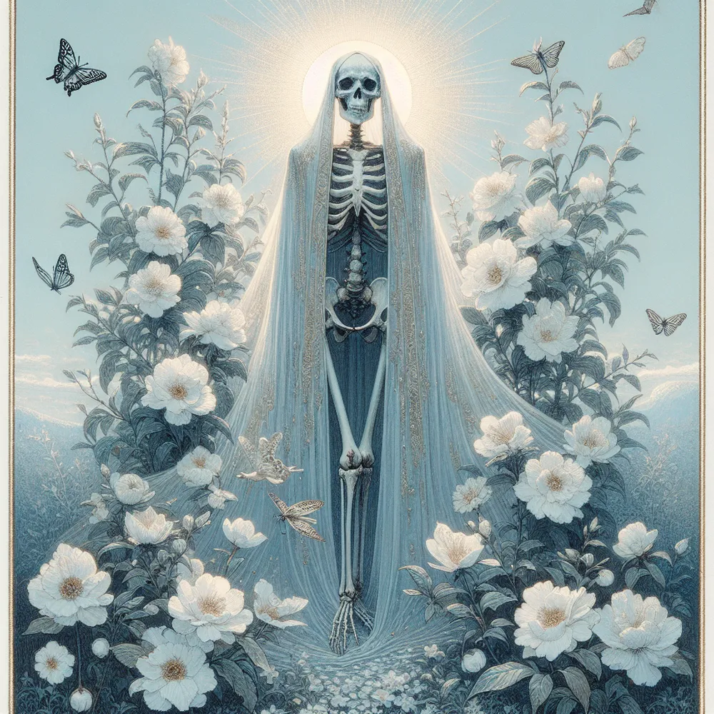 Create an ethereal and symbolic representation of the tarot 'Death' card. Illustrate a skeletal figure adorned in a regal, flowing cloak, standing amidst a lush garden of blooming white flowers—symbolizing transformation and new beginnings. The background should be softly lit with a rising sun, signifying hope and renewal. Elements of metamorphosis, like butterflies or falling leaves, should be subtly included to emphasize the theme of transformation. The overall palette should convey a sense of calm transition, using hues of soft blue, white, and gentle gold.