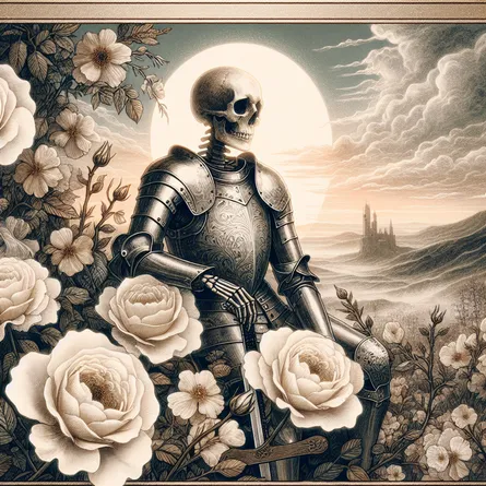 Create a serene and evocative image of the tarot card 'Death'. Illustrate a symbolic scene of transformation with a skeleton figure wearing a medieval knight's armor. Surrounded by blooming white roses, symbolize renewal. The background features a serene landscape with a rising sun, representing new beginnings and hope. Include subtle, mystical elements such as gentle mist and a distant castle to evoke a sense of mysticism and introspection.