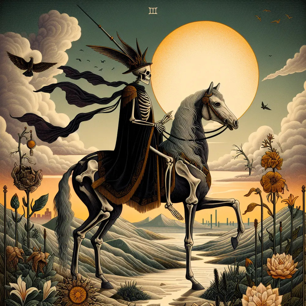 Create a surreal tarot card image of the Death card. Depict a skeletal figure dressed in regal, dark robes riding a pale horse. The landscape is a mix of desolate and lush, symbolizing endings and new beginnings. Include a setting sun in the background, casting a golden glow over the scene. Add symbolic elements like a withering flower transforming into a blooming one. The atmosphere should be one of transition and hope.