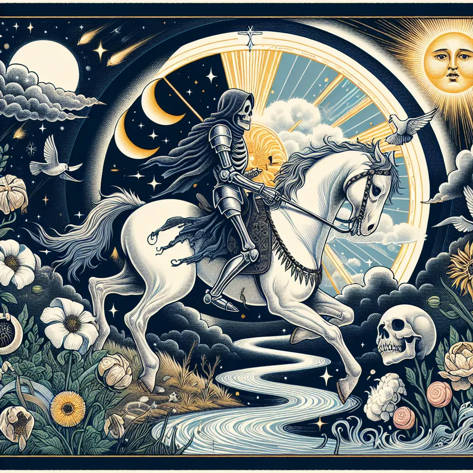 Create an image of the Death tarot card with a timeless, symbolic transformation theme: feature a skeletal figure in a medieval knight's armor riding a white horse, under a dramatic sky transitioning from night to day. Surround the scene with imagery representing cycles of nature, such as wilting flowers and blooming plants, to embody change and renewal. Include a river symbolizing life’s continuous flow, with a sun rising in the background to signify hope and new beginnings.