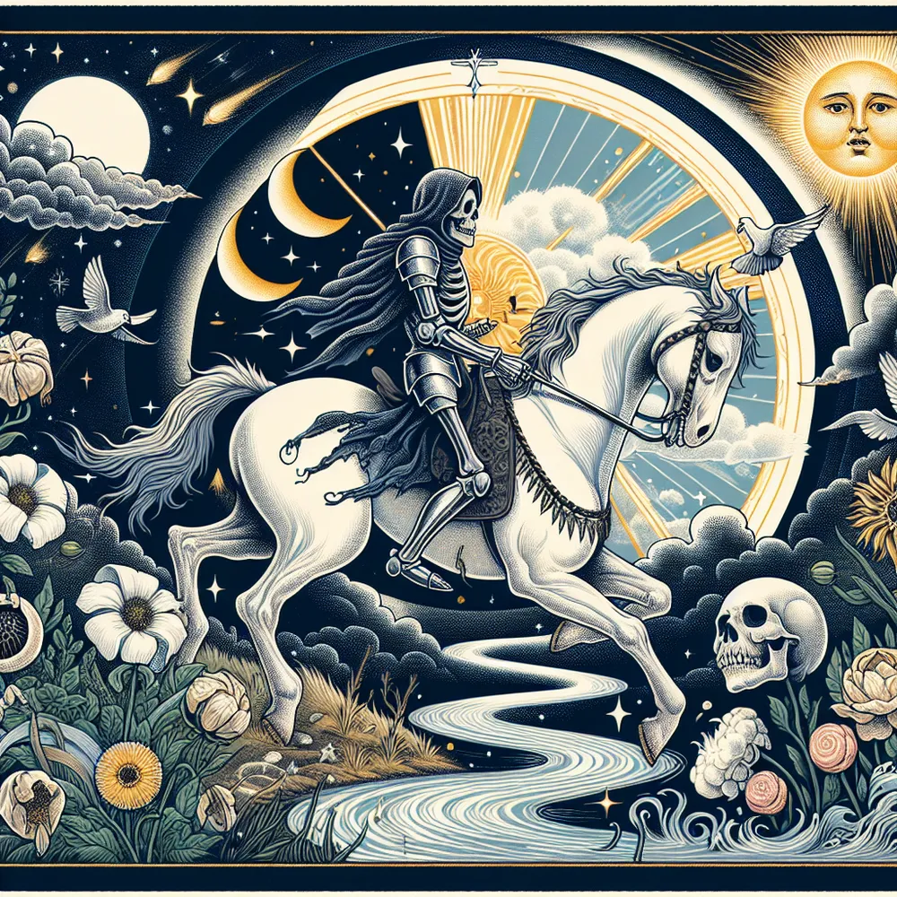 Create an image of the Death tarot card with a timeless, symbolic transformation theme: feature a skeletal figure in a medieval knight's armor riding a white horse, under a dramatic sky transitioning from night to day. Surround the scene with imagery representing cycles of nature, such as wilting flowers and blooming plants, to embody change and renewal. Include a river symbolizing life’s continuous flow, with a sun rising in the background to signify hope and new beginnings.
