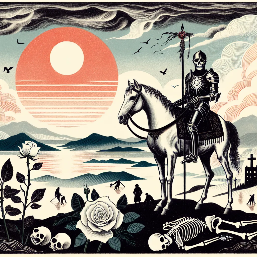 Create an artistic illustration of the Death tarot card featuring a skeletal figure dressed in black armor riding a white horse. The background should depict a setting sun over a vast landscape symbolizing the end of one cycle and the beginning of another. Include symbols of transformation such as a blooming white rose and fallen figures showing humility in the face of inevitable change. The scene should convey a sense of renewal and acceptance of transformation, inspired by classic tarot imagery, with a mystical and ethereal atmosphere.