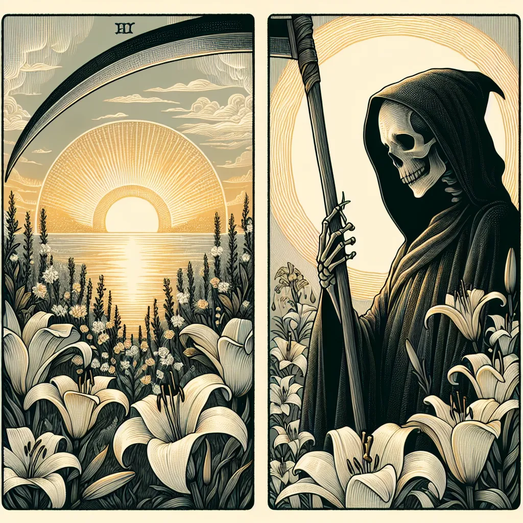 Create a beautifully intricate tarot card illustration of the Death card. Feature a serene and transformative scene with a cloaked skeletal figure holding a scythe. Behind the figure, a radiant sunrise is breaking over the horizon, symbolizing rebirth and new beginnings. Include a field of blooming white lilies at the figure's feet, representing purity and transformation. The atmosphere is calm and peaceful, with a subtle touch of mysticism, blending classic tarot imagery with elements of hope and renewal.