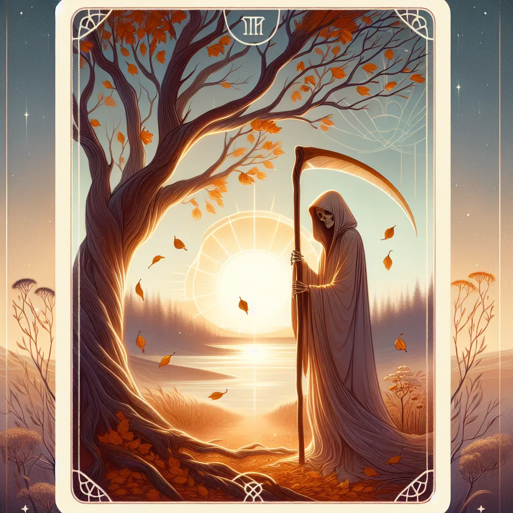 Create a tarot-inspired illustration of the Death card, depicting the transformative aspect of change rather than literal death. The scene features a serene landscape where autumn leaves fall from a tree, symbolizing renewal and letting go. In the foreground, a symbolic figure of Death, portrayed as a gentle guide rather than a fearsome reaper, stands holding a scythe made of light. The background shows the first glimmers of dawn, suggesting new beginnings and hope. The atmosphere is mystical, with soft lighting and ethereal details to convey peace and transformation.