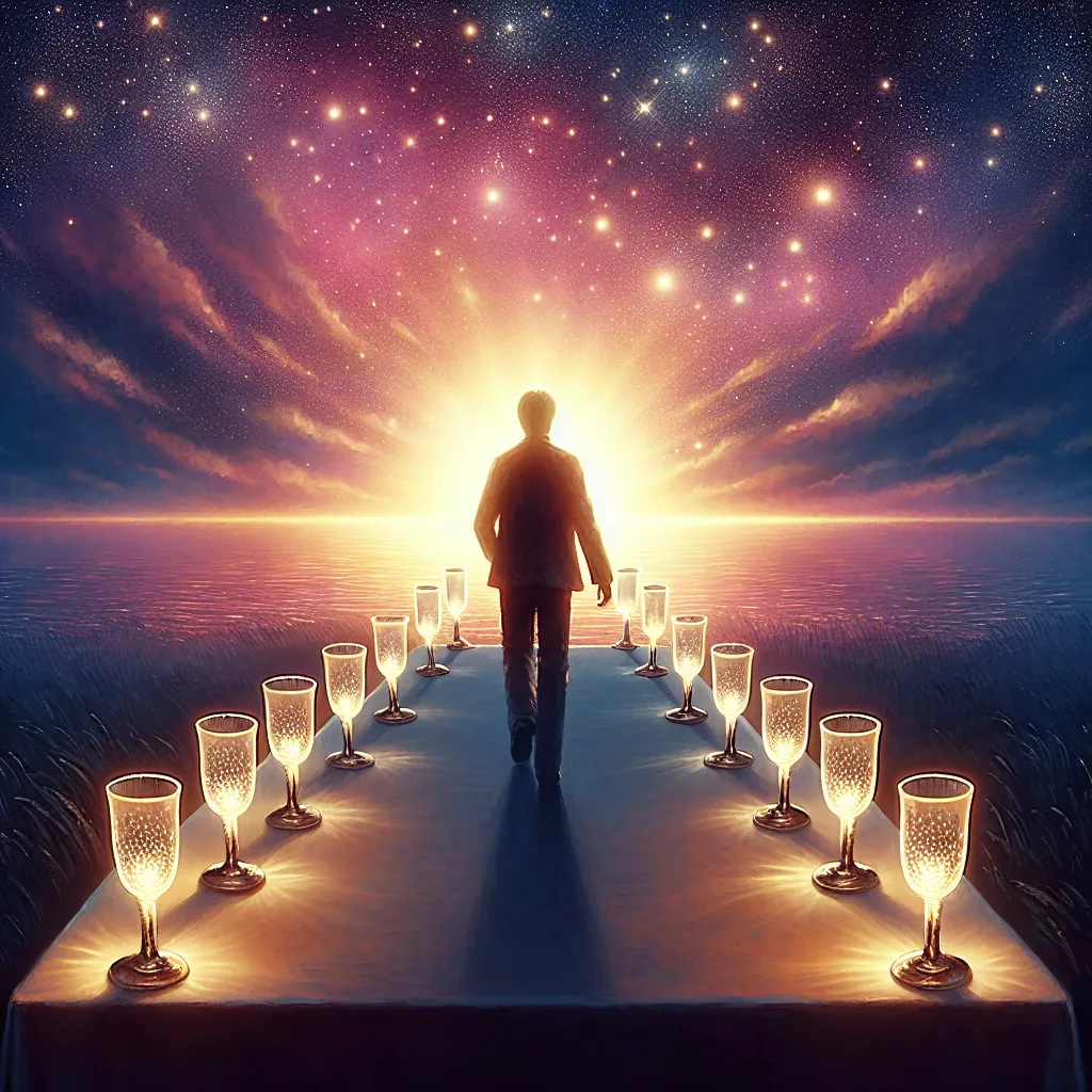 A lone figure, whose defining features are obscured, making the conscious decision to turn away from a table upon which sits eight filled, sparkling goblets. The individual directs their steps towards a radiant horizon filled with the uncharted potential of new beginnings. The sky around them is bathing in the peculiar radiance of twilight, casting an enchanting glow around that symbolizes the transient nature of time and marking the boundary line between what's known and the mystery of what yet lies ahead.
