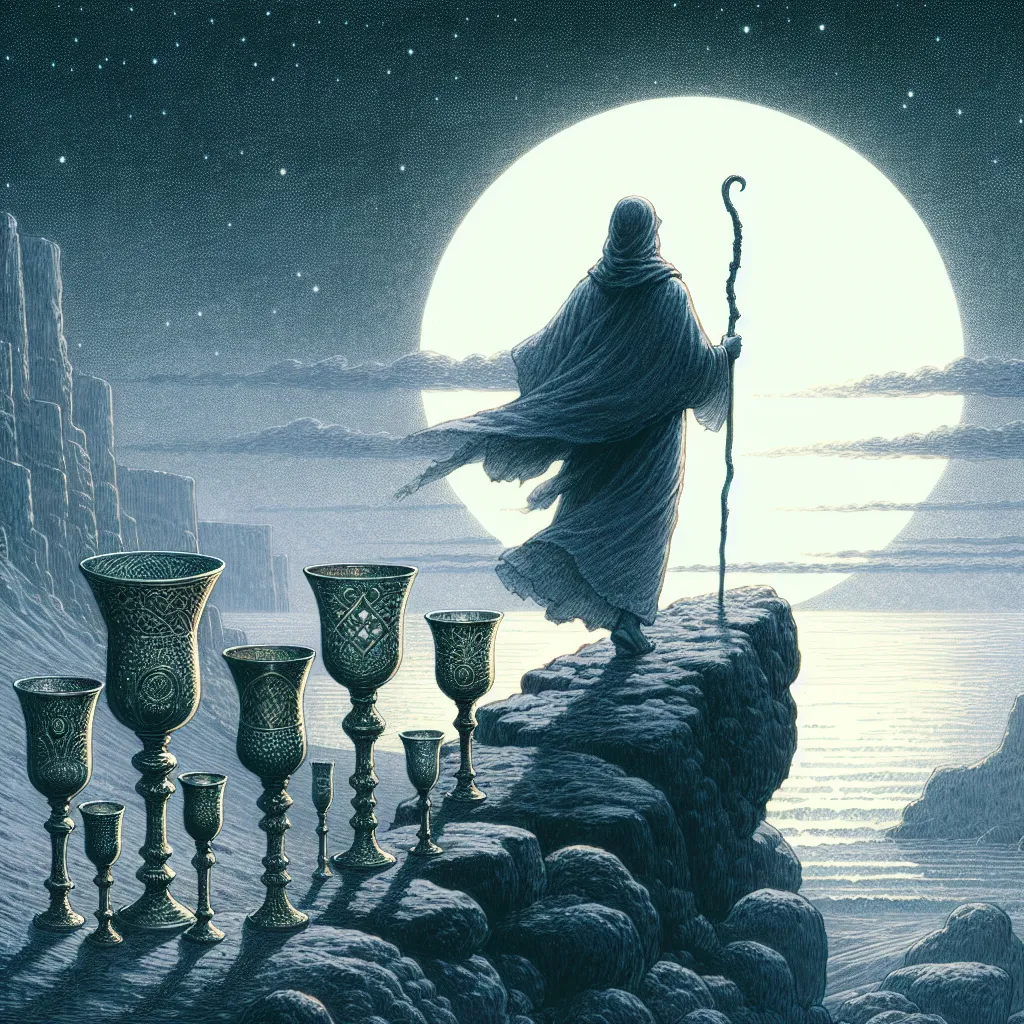 Illustrate a solitary Middle-Eastern male figure shrouded in gentle lunar illumination, departing from a collection of eight intricately embellished goblets resting upon a rock-lined coastline. The individual carries a staff, representing judgement and initiative, and strides towards a far-off, invisible horizon. The surrounding milieu oozes with the sentiments of transition, loneliness, and courageous resolve.