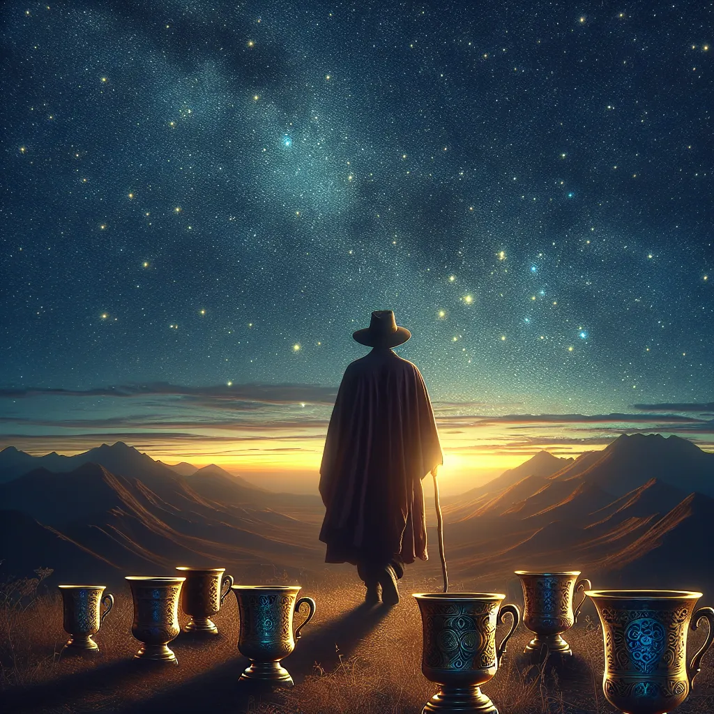 Portray a lone figure seen from the back, wearing a wide-brimmed hat and carrying a walking stick, moving away from a collection of eight ornate cups positioned in the forefront. The figure is traversing toward a horizon marked by towering mountains symbolizing the mystery to come. Set this scene during the twilight hour under a sky crowded with glittering stars, whose soft, comforting radiance mirrors onto the abandoned cups.