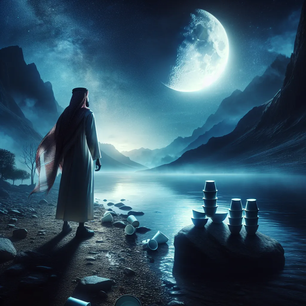 Generate an image embodying tranquillity and solitude. A Middle-Eastern man standing on the bank of a tranquil river under the luminescence of a full moon. As his body posture turns away, indicating a resolution to venture into the unknown, the sense of introspection is palpable in the air around him. In the background, leaning on a boulder, eight cups can be seen stacked unevenly, silently narrating a story of abandonment. The aura of the full moon journey symbolizing a transition, a brave decision to leave what's familiar behind and embark on a path filled with meaning and purpose.