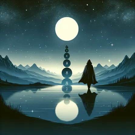 An illustration of a lone figure in a cloak walking away from a stack of eight cups, with a serene and mystical landscape under the moonlight. The scene should evoke a sense of solitude and contemplation, with a backdrop of distant mountains and a reflective body of water. The night sky should be filled with stars, casting a gentle and introspective ambiance. The overall mood should be one of introspection and the search for deeper meaning.