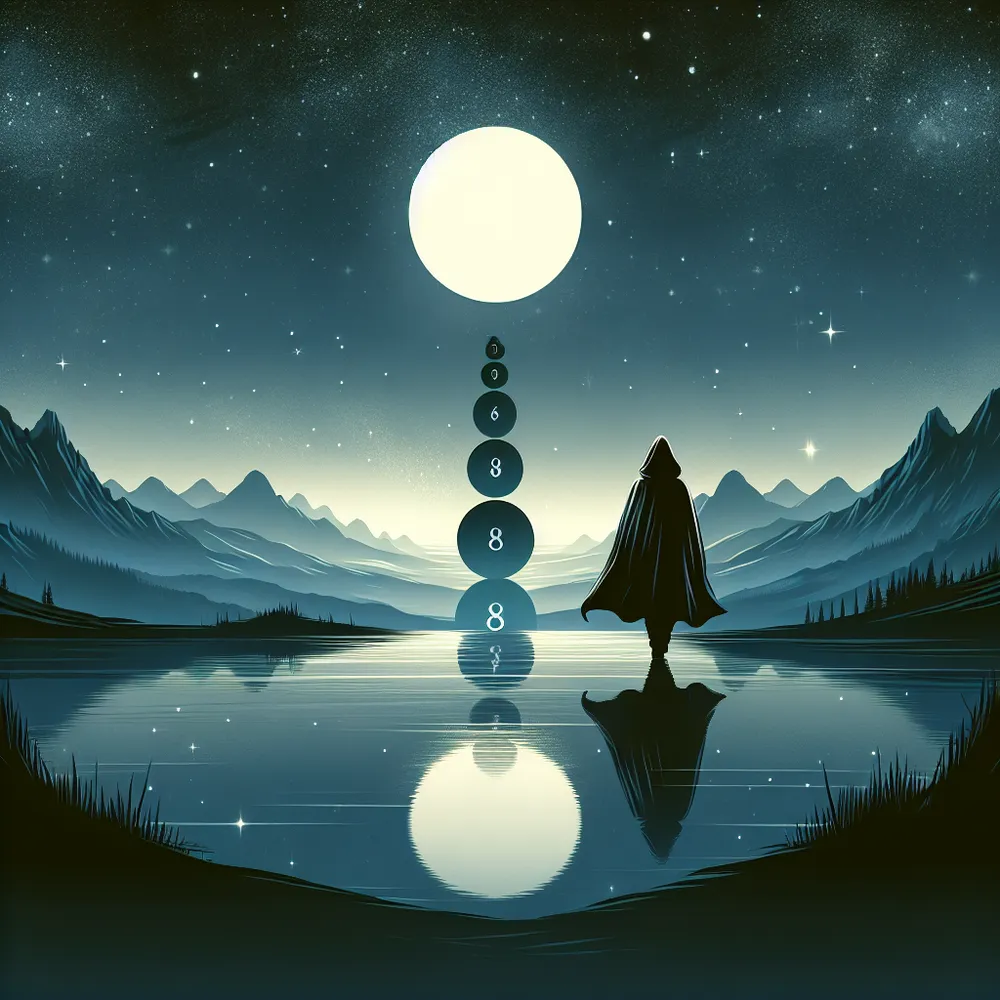 An illustration of a lone figure in a cloak walking away from a stack of eight cups, with a serene and mystical landscape under the moonlight. The scene should evoke a sense of solitude and contemplation, with a backdrop of distant mountains and a reflective body of water. The night sky should be filled with stars, casting a gentle and introspective ambiance. The overall mood should be one of introspection and the search for deeper meaning.