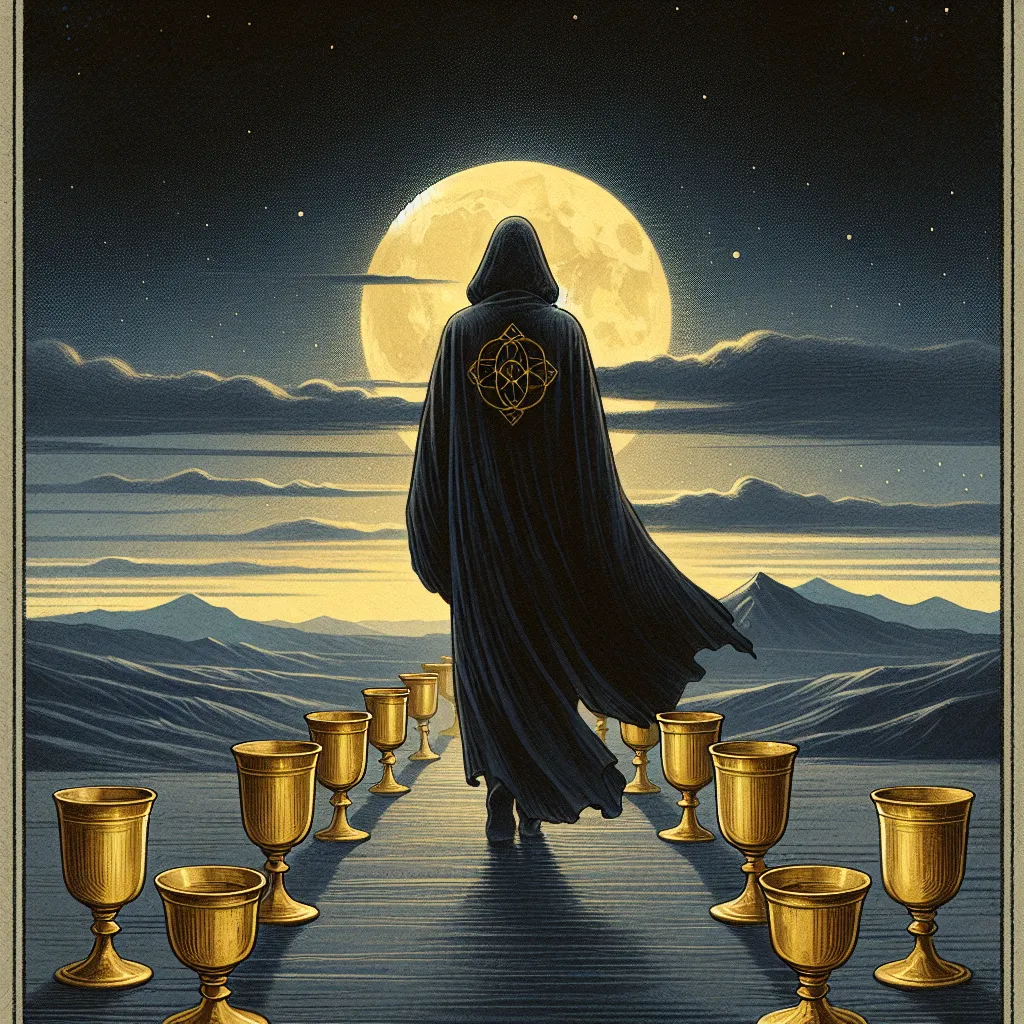 Create an image of the Eight of Cups tarot card. Picture a solitary figure cloaked in a deep, flowing robe walking away from a row of eight golden cups. The scene is set under a moonlit sky, with a desolate landscape and mountains in the distance. The figure is moving towards the unknown, symbolizing a journey of introspection and leaving behind what no longer serves them. The mood should be contemplative and serene, capturing the essence of transition and personal growth.