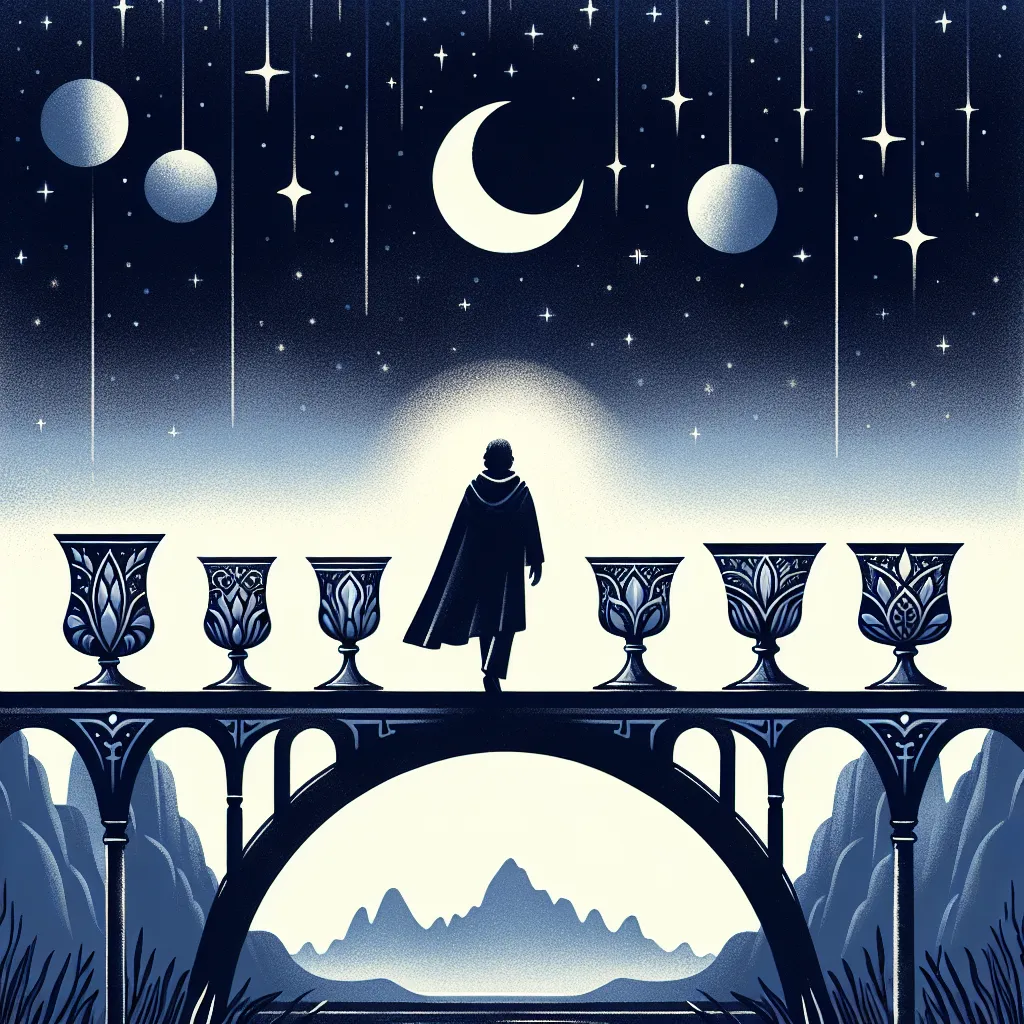 Illustrate a figure walking away from a set of eight ornate cups under a starry night sky. The figure should be shown crossing a bridge, symbolizing transition, with a crescent moon casting a gentle glow on the scene. Use a color palette of deep blues and silvers to convey a sense of introspection and journeying into the unknown. Include distant mountains to suggest the promise of new beginnings and discovery.