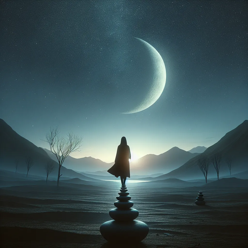 Create a serene and mystical scene of a lone figure walking away from a stack of eight cups in a barren landscape, under a dim crescent moon. The background should depict a tranquil, introspective night sky filled with stars. The figure's back is turned, symbolizing a journey toward the unknown, conveying themes of introspection, courage, and personal growth. The mood should be introspective and contemplative, harmonizing nature's tranquility with the allure of new beginnings.