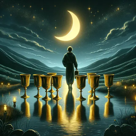 Create an image of the Eight of Cups tarot card: a lone wanderer walking away from eight polished golden cups arranged under a crescent moon. The setting is a serene, mystical nighttime landscape with rolling hills and a calm river reflecting the moonlight. The person has a contemplative expression, carrying a small satchel, suggesting they've made a thoughtful yet resolute decision to seek new horizons. The scene conveys a sense of departure, introspection, and the pursuit of deeper fulfillment.