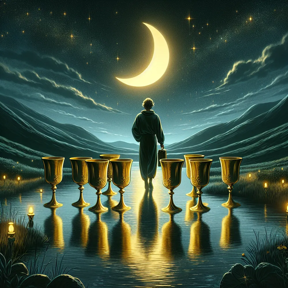 Create an image of the Eight of Cups tarot card: a lone wanderer walking away from eight polished golden cups arranged under a crescent moon. The setting is a serene, mystical nighttime landscape with rolling hills and a calm river reflecting the moonlight. The person has a contemplative expression, carrying a small satchel, suggesting they've made a thoughtful yet resolute decision to seek new horizons. The scene conveys a sense of departure, introspection, and the pursuit of deeper fulfillment.
