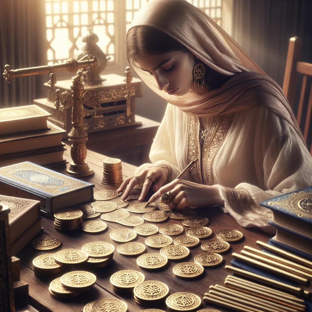 A Middle-Eastern female scholar deeply engrossed in her study at a wooden desk, cluttered with eight extensively detailed gold pentacles. With a meticulous hand, she is absorbed in her craft, preparing the ninth pentacle. The desk is under soft light, significantly centering the clutter of golden pentacles that symbolizes diligence and mastery, a concept drawn from the Eight of Pentacles Tarot card. The atmosphere around her is serene and intense, undisturbed, capturing the spirit of relentless pursuit of knowledge and expertise.