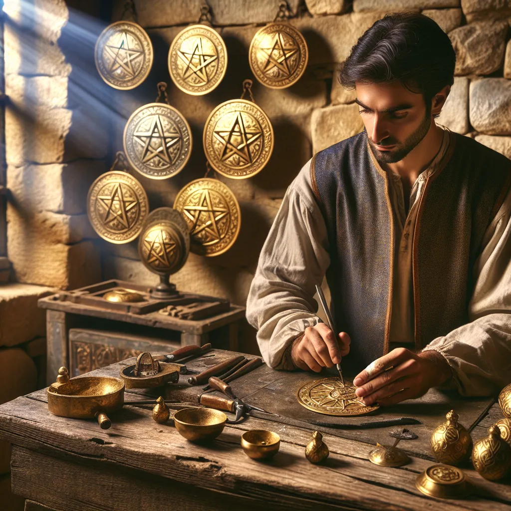 A diligent Middle-Eastern craftsman working attentively on a golden Pentacle at a medieval wooden workbench. Eight splendid pentacles hang orderly at the background on an antique stone wall, emblematic of his continuous progress. His expression is tranquil and focused, indicative of his intense concentration. Bright sunlight pouring in from a proximate window highlights the intricate details of his work and the radiant glow of the pentacles. The overall setting is reminiscent of a medieval artisan's workshop, filled with a sense of antiquity and craftsmanship.