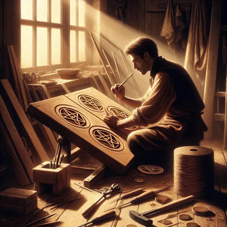 Create an artistic depiction of a focused craftsman or craftswoman diligently working at a wooden workbench, intricately carving eight pentacles. Sunlight streams through a nearby window, illuminating tools and materials scattered around. The atmosphere exudes dedication and masterful skill, evoking a sense of joy in craftsmanship and pursuit of perfection. Style the image in a realistic painting with rich textures and warm earth tones.