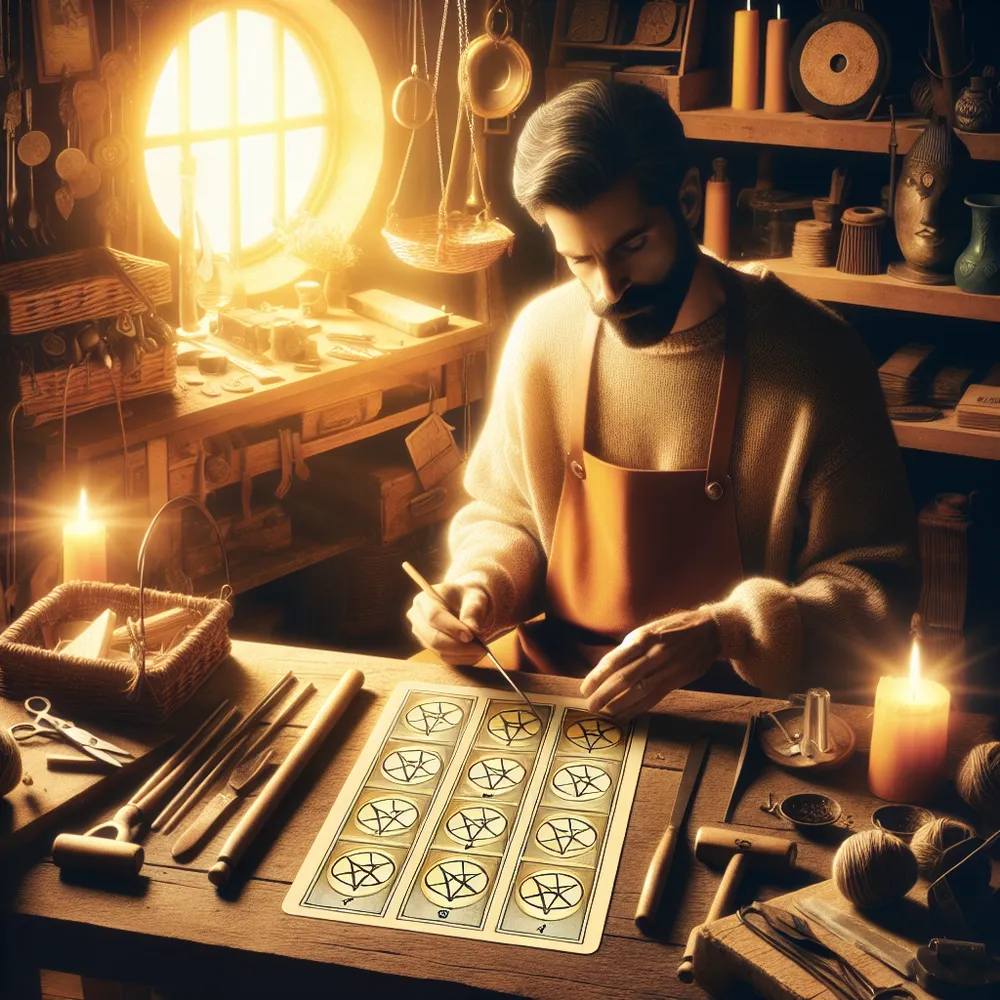 Create an image depicting the Eight of Pentacles tarot card. The scene should show a dedicated artisan, a skilled craftsman or craftswoman, meticulously working on crafting eight pentacles in a cozy workshop. The artisan is focused and diligent, surrounded by tools and symbols of craftsmanship. Warm, inviting light floods the room, highlighting the intricate details of both the artisan and the pentacles. The atmosphere conveys a sense of dedication, learning, and the pursuit of mastery, inspired by classical tarot card imagery.