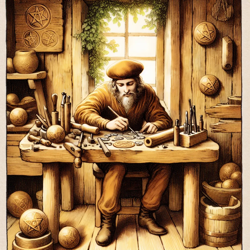 Create a detailed illustration of the Eight of Pentacles from a tarot deck. Depict a dedicated craftsman working diligently on engraving pentacles at a rustic wooden workbench. The scene is filled with warm, earthy tones, suggesting a cozy, focused environment. Include traditional tarot symbols subtly, such as the pentacles carefully arranged around the workbench, and lush foliage outside a small window, suggesting growth and prosperity. The craftsman should appear focused and content, embodying mastery and devotion to his craft.