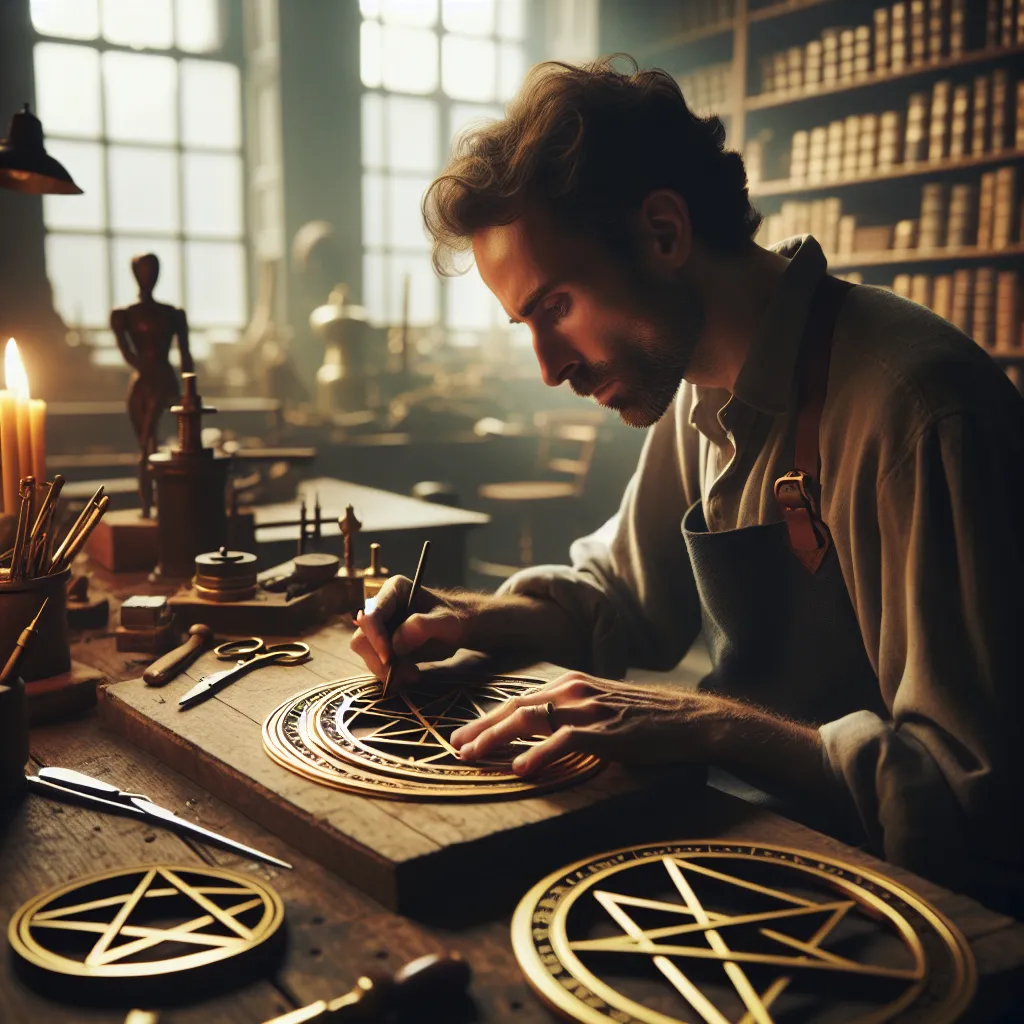 An artisan deeply concentrated on crafting a series of golden pentacles at a wooden bench, surrounded by tools of the trade. Soft sunlight filters through a nearby window, casting gentle shadows across the workshop. In the background, shelves filled with books and carefully arranged finished items depict a sense of dedication and mastery. The scene captures the essence of diligence and skill development, infused with an atmosphere of quiet focus and industrious elegance.