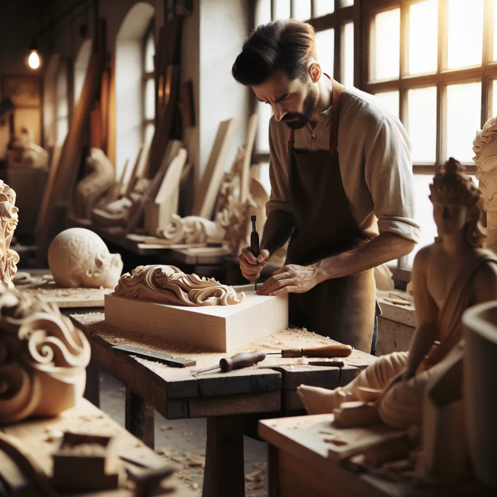 An artisan focused intently on their craft, surrounded by sculpted pieces of art in various stages of completion. The setting is a warm, inviting workshop, filled with natural light streaming through a large window. The artisan, wearing a simple apron, is fully absorbed in carving a piece of wood, embodying dedication and attention to detail. Tools and materials are scattered around, conveying a sense of ongoing creative work. The atmosphere is serene and inspiring, capturing the essence of mastery and diligent effort.