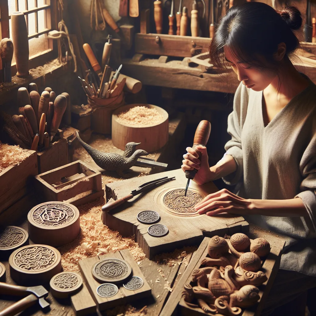 An East Asian female artisan diligently working in a cozy, rustic workshop filled with tools and wooden shelves. She is carving intricate designs on a wooden surface, surrounded by eight coins or pentacles symbolizing her skills and craftsmanship. Soft, ambient light filters through a window, highlighting the detailed textures and warm hues of the workshop, with elements like scattered wood shavings, tools, and a focused expression on the artisan's face, conveying themes of dedication and mastery.